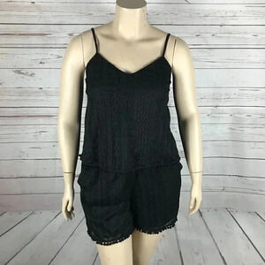 AMERICAN RAG Plus Size Pom Pom Trim Romper, Black, 0X